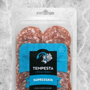 Tempesta Sopressata Black Pepper Salami, 3 oz package of sliced artisan salumi- cropped