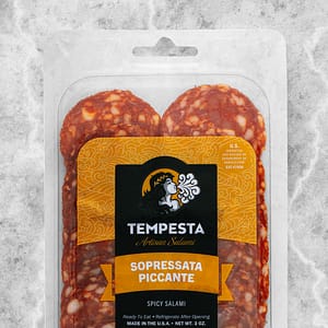 Tempesta Sopressata Piccante Spicy Salami, 3 oz package of sliced artisan salumi- cropped