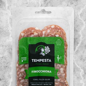Tempesta Finocchiona Fennel Pollen Salami, 3 oz package of sliced artisan salumi - cropped