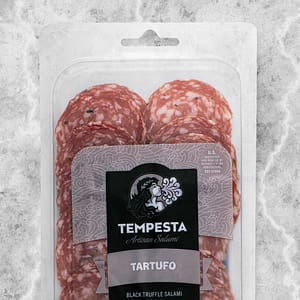 Tempesta Tartufo Black Truffle Salami, 3 oz package of sliced artisan salumi - cropped