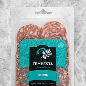 Tempesta Genoa Garlic and Black Pepper Salami, 3 oz package of sliced artisan salumi - cropped